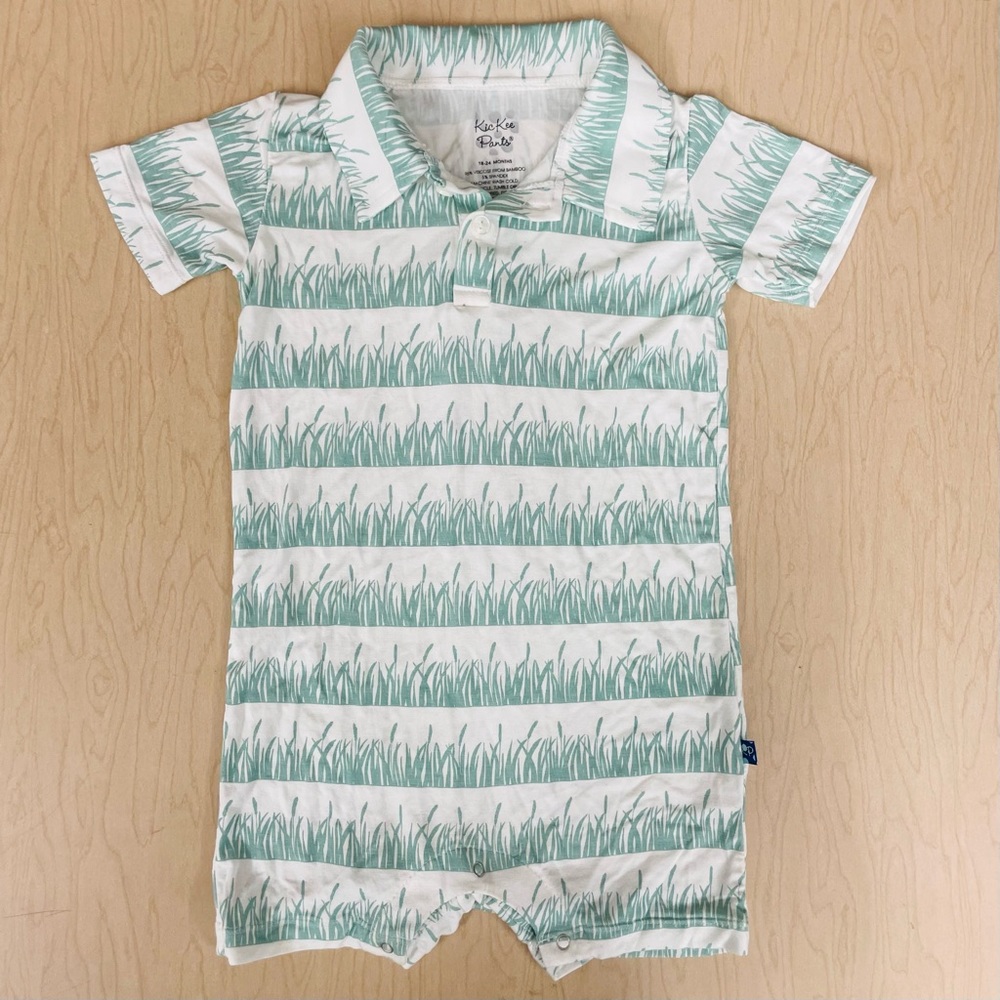 KicKee Pants Polo Romper Boys 18-24M Natural Grass Beach Summer Viscose Bamboo